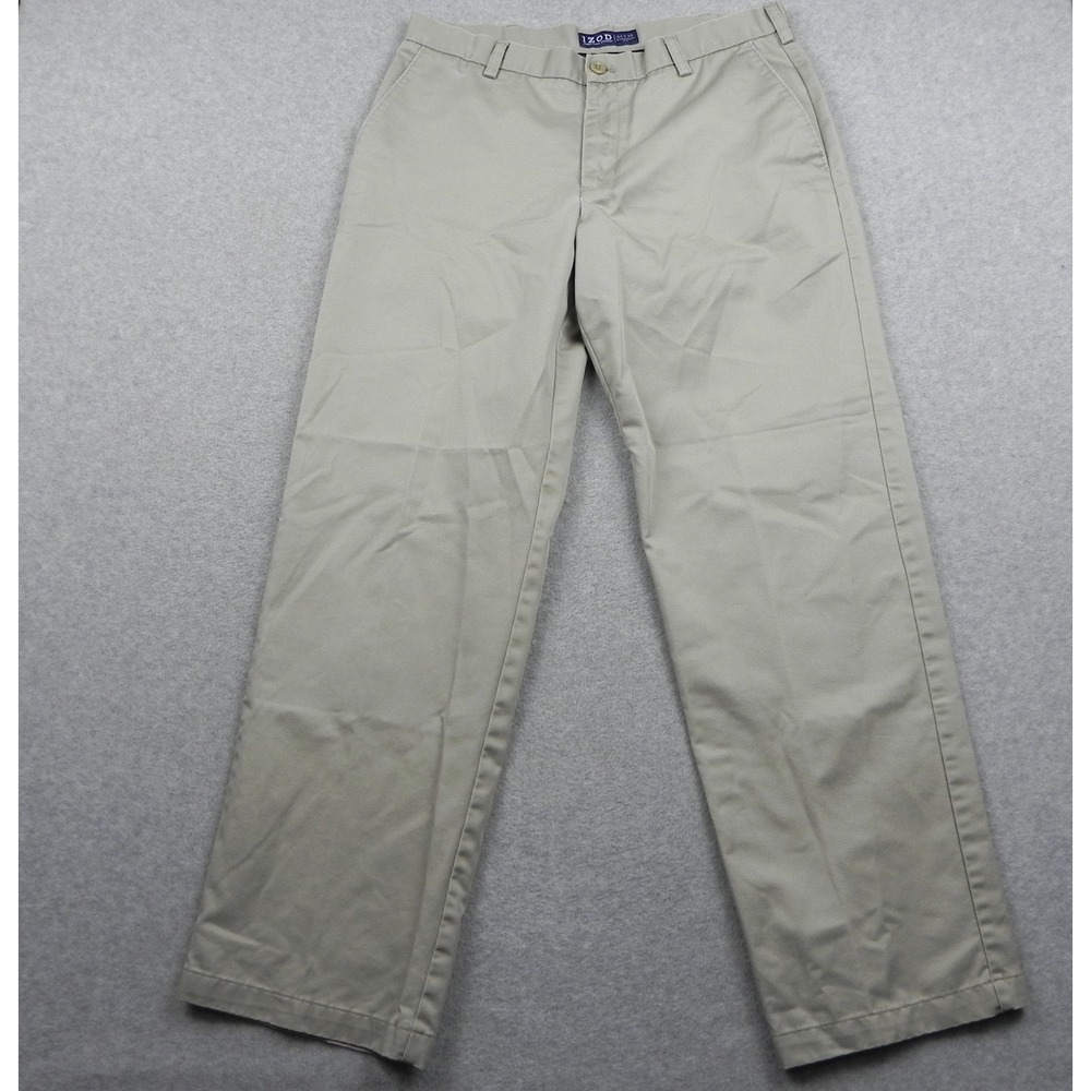 IZOD Pants Mens 34x32 American Chino Straight Fit Casual Cotton Flat Front Beige